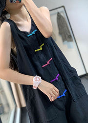 Casual Black Chinese Button Pockets Patchwork Linen Jumpsuits Summer