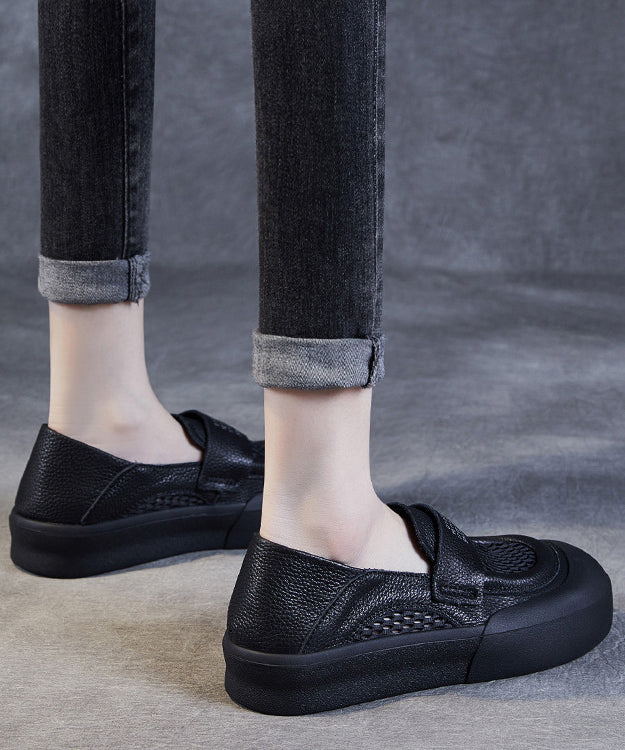 Casual Black Cowhide Leather Hollow Out Loafers Shoes For Women