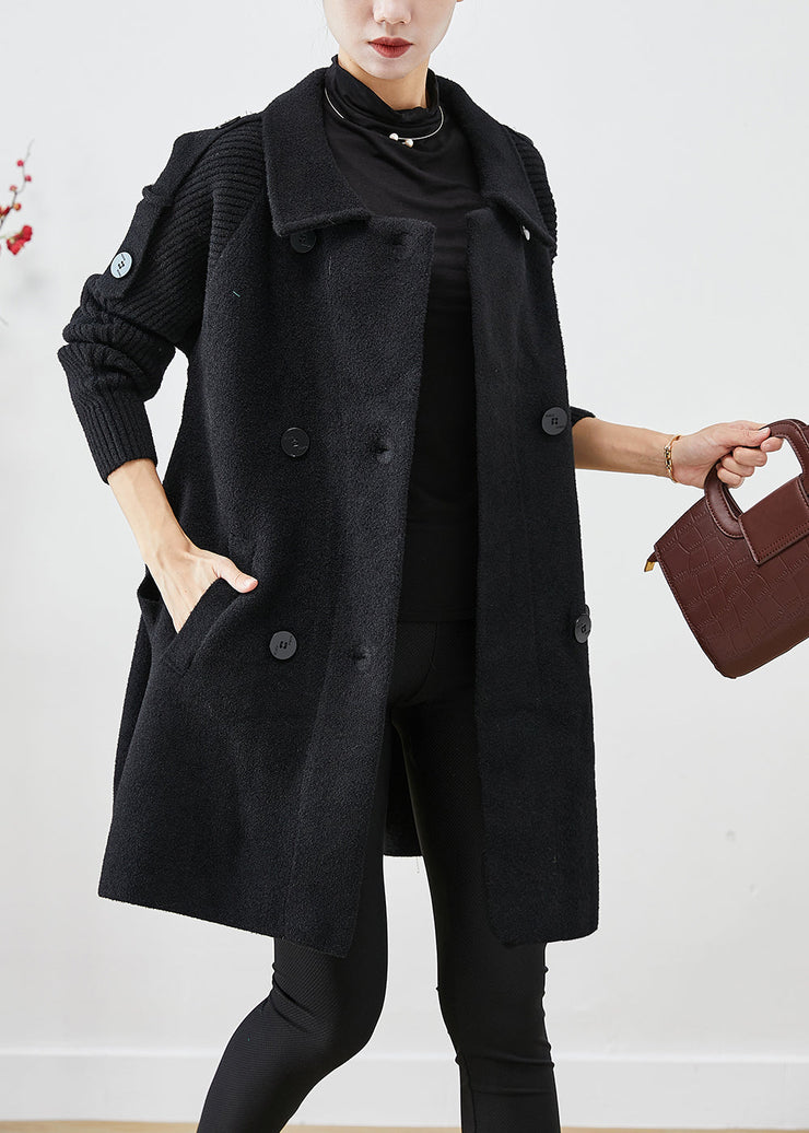 Casual Black Double Breast Patchwork Woolen Trench Coats Fall