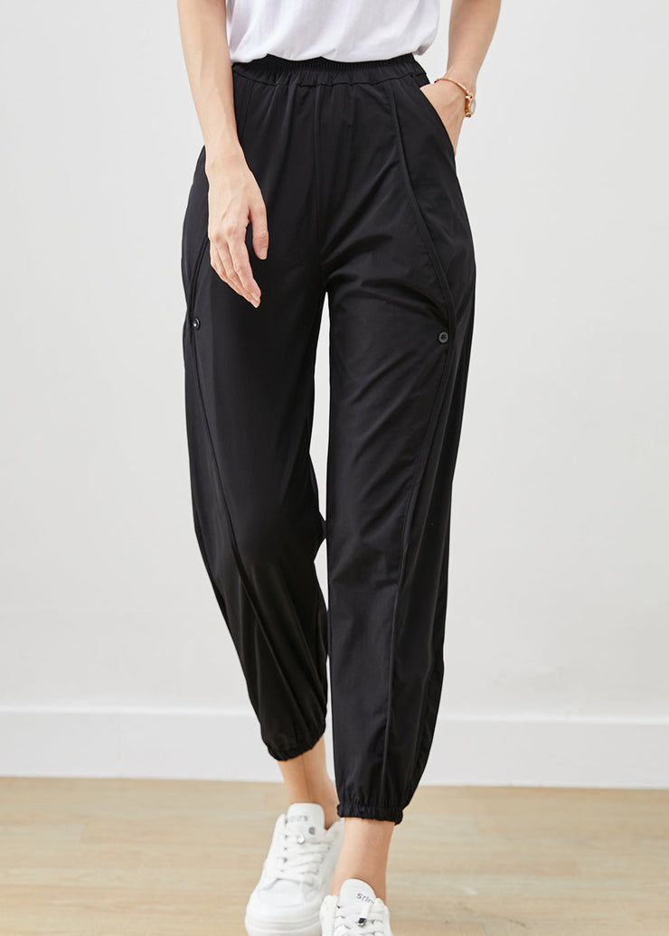 Casual Black Elastic Waist Pockets Cotton Harem Pants Fall