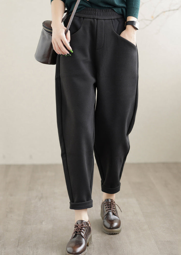 Casual Black Elastic Waist Pockets Warm Fleece Harem Pants Winter