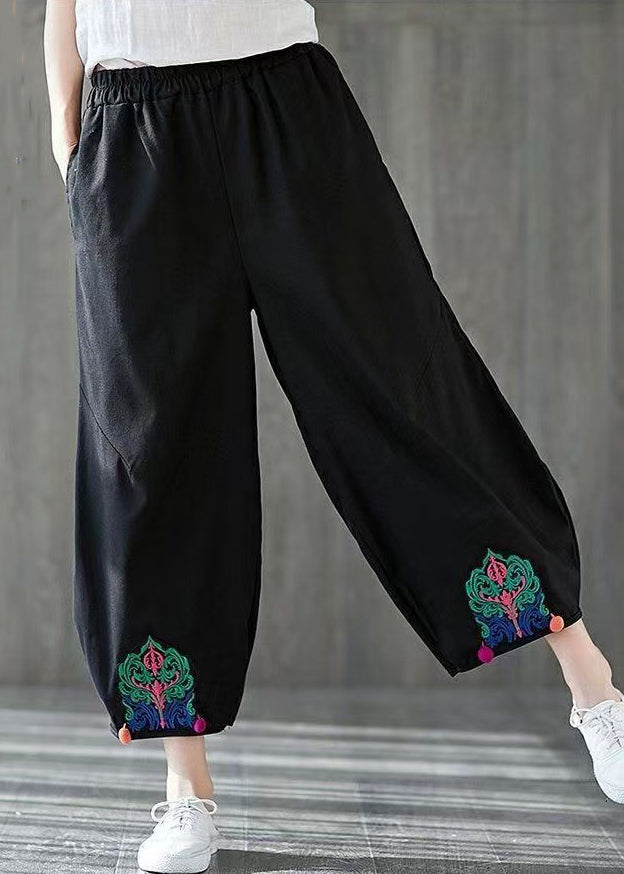 Casual Black Embroidered Elastic Waist Cotton Harem Pants Summer