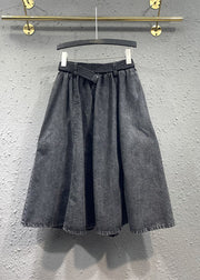 Casual Black Gray Elastic Waist Pleated Pocket Denim Skirt Autumn