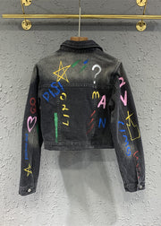 Casual Black Gray Lapel Graffiti Denim Jacket Autumn