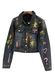 Casual Black Gray Lapel Graffiti Denim Jacket Autumn