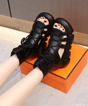 Casual Black Hollow Out Peep Toe Lace Up Platform Sandals