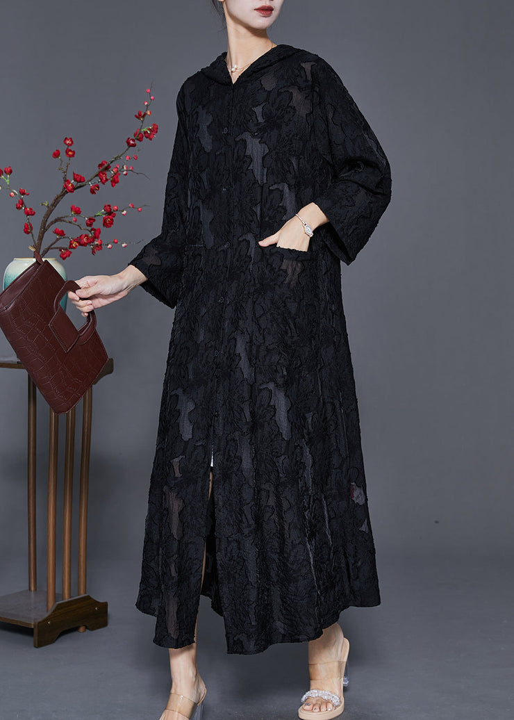 Casual Black Hooded Jacquard Lace Robe Dresses Spring