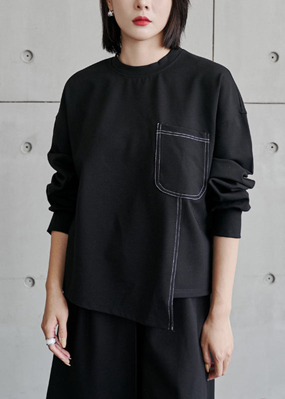 Casual Black O-Neck Asymmetrical Pockets Patchwork Top Long Sleeve