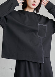 Casual Black O-Neck Asymmetrical Pockets Patchwork Top Long Sleeve