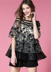 Casual Black O-Neck Embroideried Organza Tops Summer