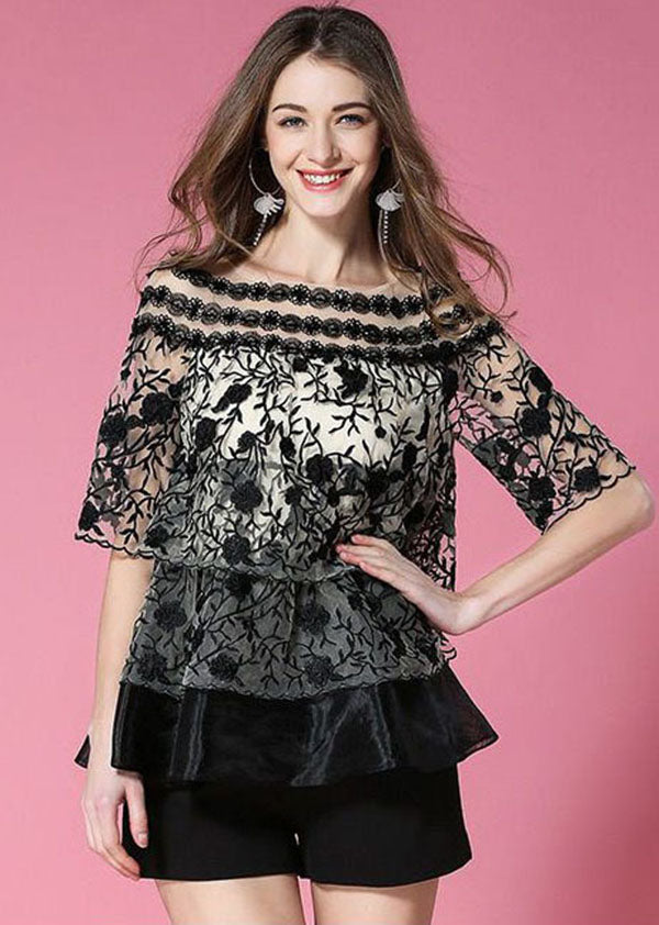 Casual Black O-Neck Embroideried Organza Tops Summer