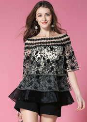 Casual Black O-Neck Embroideried Organza Tops Summer