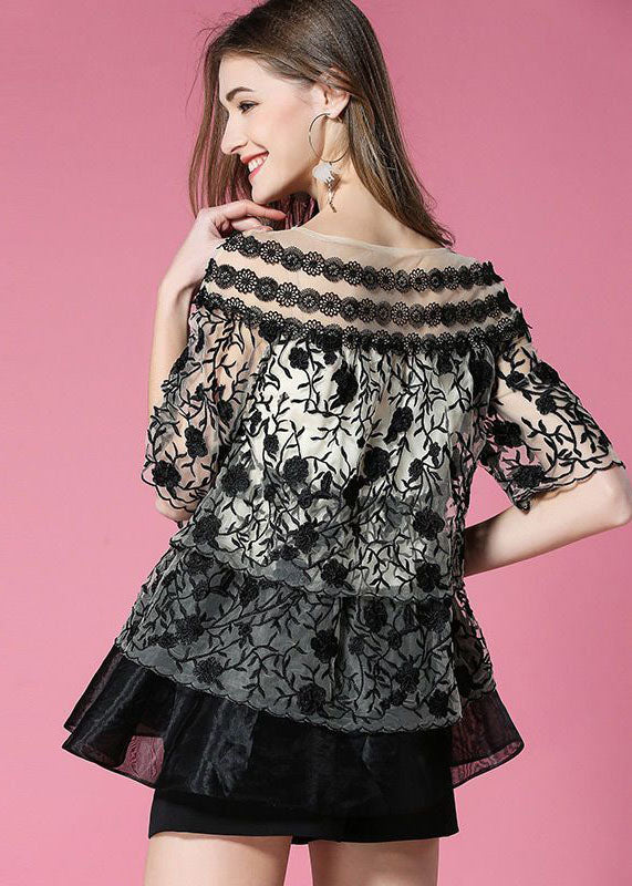 Casual Black O-Neck Embroideried Organza Tops Summer