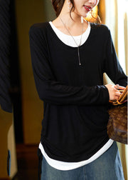 Casual Black O-Neck Patchwork Fake Two Pieces Tops Fall