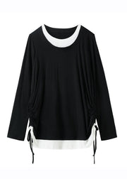 Casual Black O-Neck Patchwork Fake Two Pieces Tops Fall