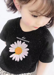 Casual Black O Neck Print Cotton Girls T Shirt Summer