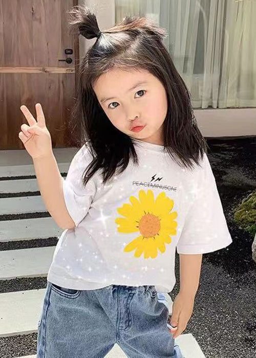 Casual Black O Neck Print Cotton Girls T Shirt Summer