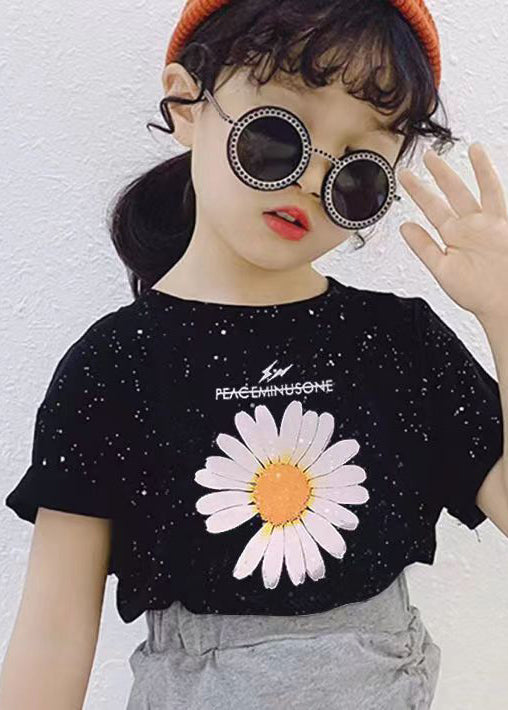 Casual Black O Neck Print Cotton Girls T Shirt Summer