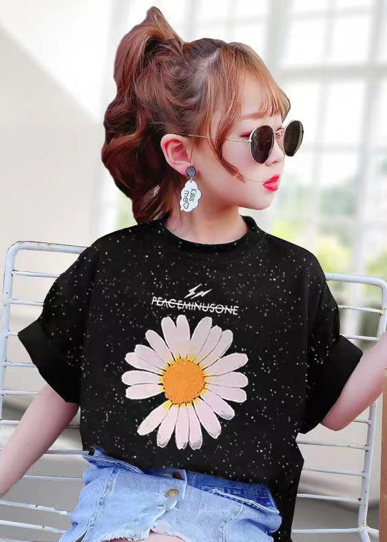 Casual Black O Neck Print Cotton Girls T Shirt Summer