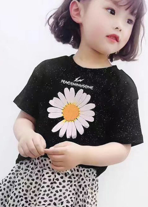 Casual Black O Neck Print Cotton Girls T Shirt Summer