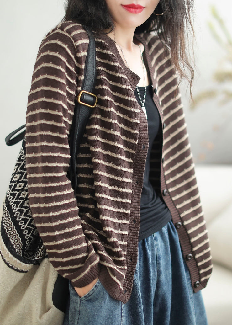 Casual Black O-Neck Striped Patchwork Button Cozy Cotton Knit Sweaters Coats Fall