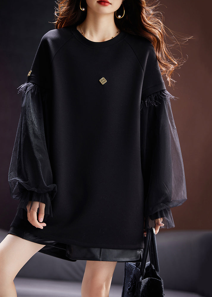 Casual Black O Neck Tulle Patchwork Cotton Sweatshirts Top Fall