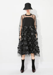 Casual Black Oversized Patchwork Hollow Out Tulle Long Dress Summer