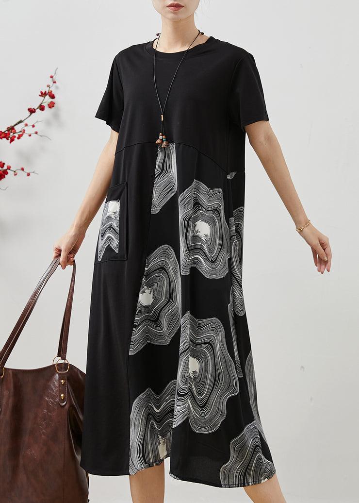 Casual Black Oversized Patchwork Print Cotton Long Dress Summer