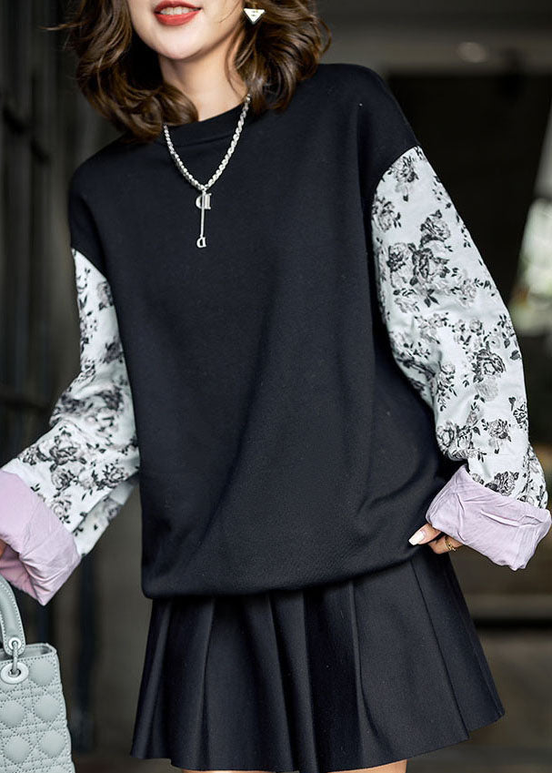 Casual Black Oversized Patchwork Print Cotton Loose Sweatshirts Top Winter