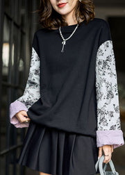 Casual Black Oversized Patchwork Print Cotton Loose Sweatshirts Top Winter