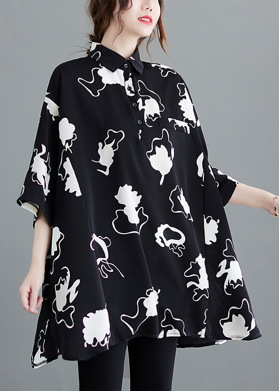 Casual Black Oversized Print Chiffon Long Shirt Half Sleeve