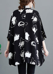 Casual Black Oversized Print Chiffon Long Shirt Half Sleeve