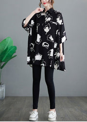 Casual Black Oversized Print Chiffon Long Shirt Half Sleeve