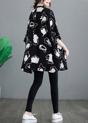 Casual Black Oversized Print Chiffon Long Shirt Half Sleeve