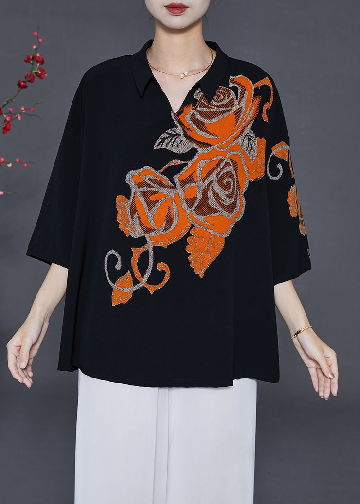 Casual Black Oversized Print Silk Shirts Bracelet Sleeve