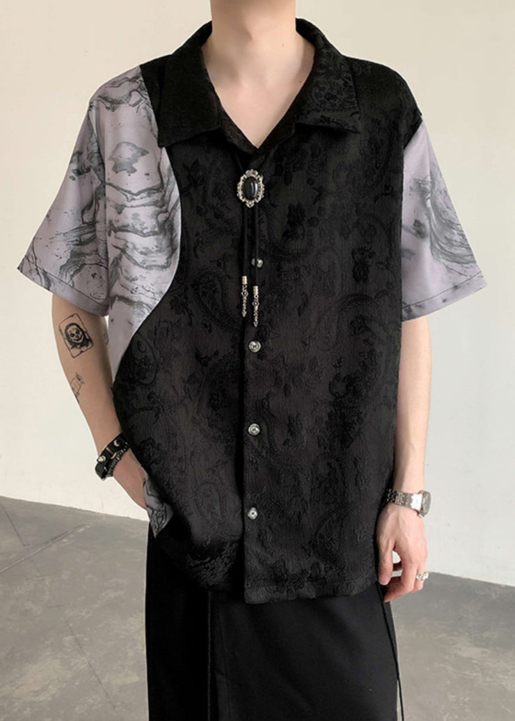 Casual Black Peter Pan Collar Jacquard Patchwork Ice Silk Men Shirts Summer