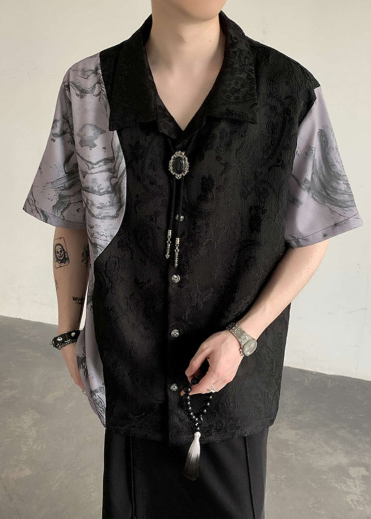 Casual Black Peter Pan Collar Jacquard Patchwork Ice Silk Men Shirts Summer