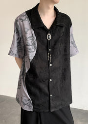 Casual Black Peter Pan Collar Jacquard Patchwork Ice Silk Men Shirts Summer