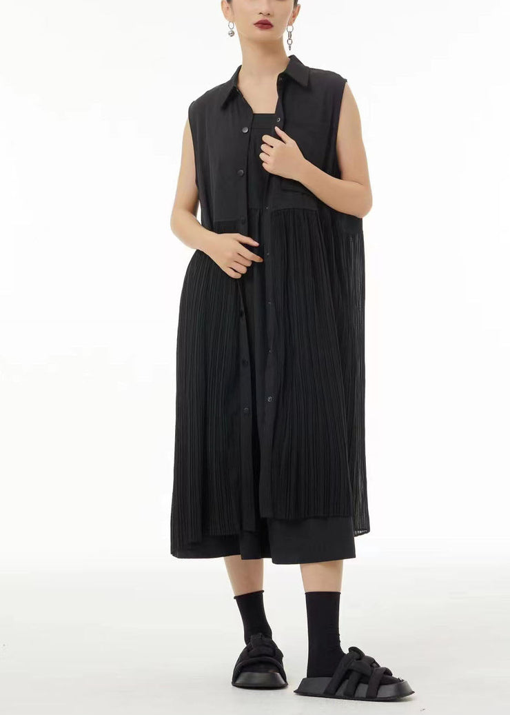 Casual Black Peter Pan Collar Patchwork Chiffon Pleated Dress Sleeveless