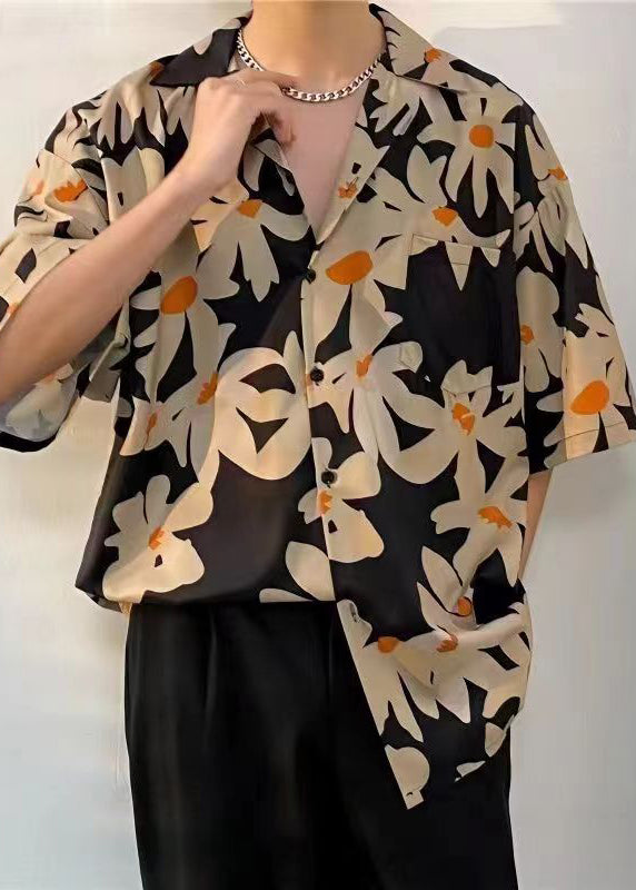 Casual Black Peter Pan Collar Print Men Hawaiian Shirts Summer