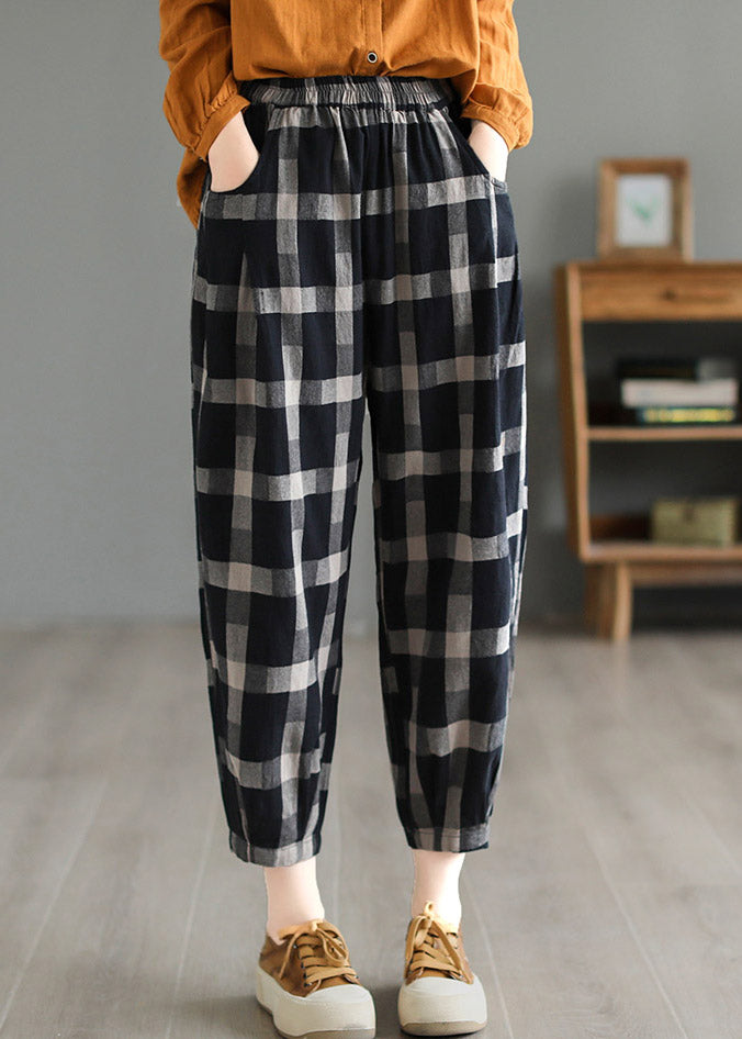 Casual Black Plaid High Waist Linen Crop Pants