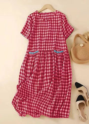 Casual Black Plaid O-Neck Patchwork Cotton Mid Dress Summer