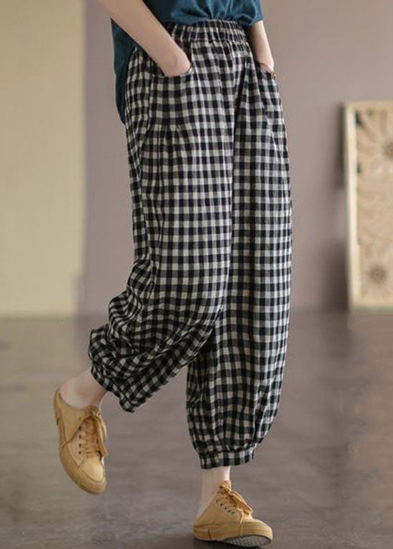 Casual Black Plaid Pockets Patchwork Cotton Lantern  Pants Summer