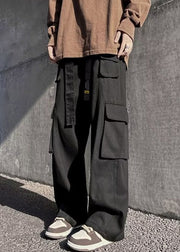 Casual Black Pockets Elastic Waist Cotton Mens Pants Fall