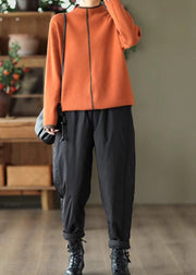 Casual Black Pockets Elastic Waist Fine Cotton Filled Pants Winter