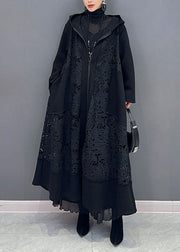 Casual Black Pockets Hollow Out Maxi Hooded Trench Coats Long Sleeve