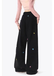 Casual Black Pockets Tiny Spot Print Drawstring Cotton Wide Leg Pants Spring