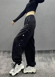 Casual Black Pockets Zircon Warm Fleece Sport Pants Fall