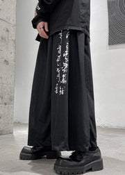 Casual Black Print Pockets Elastic Waist Cotton Mens Wide Leg Pants Fall