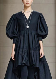 Casual Black Puff Sleeve Low High Design Cotton Maxi Dress